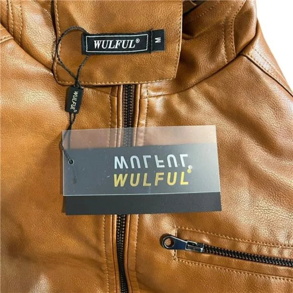 WULFUL Men's Stand Collar Faux Leather Motorcycle Jacket Lightweight Outwear M
